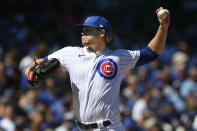 Chicago Cubs starter Justin Steele delivers a pitch during the first inning of a baseball game against the Arizona Diamondbacks Saturday, Sept. 9, 2023, in Chicago. (AP Photo/Paul Beaty)