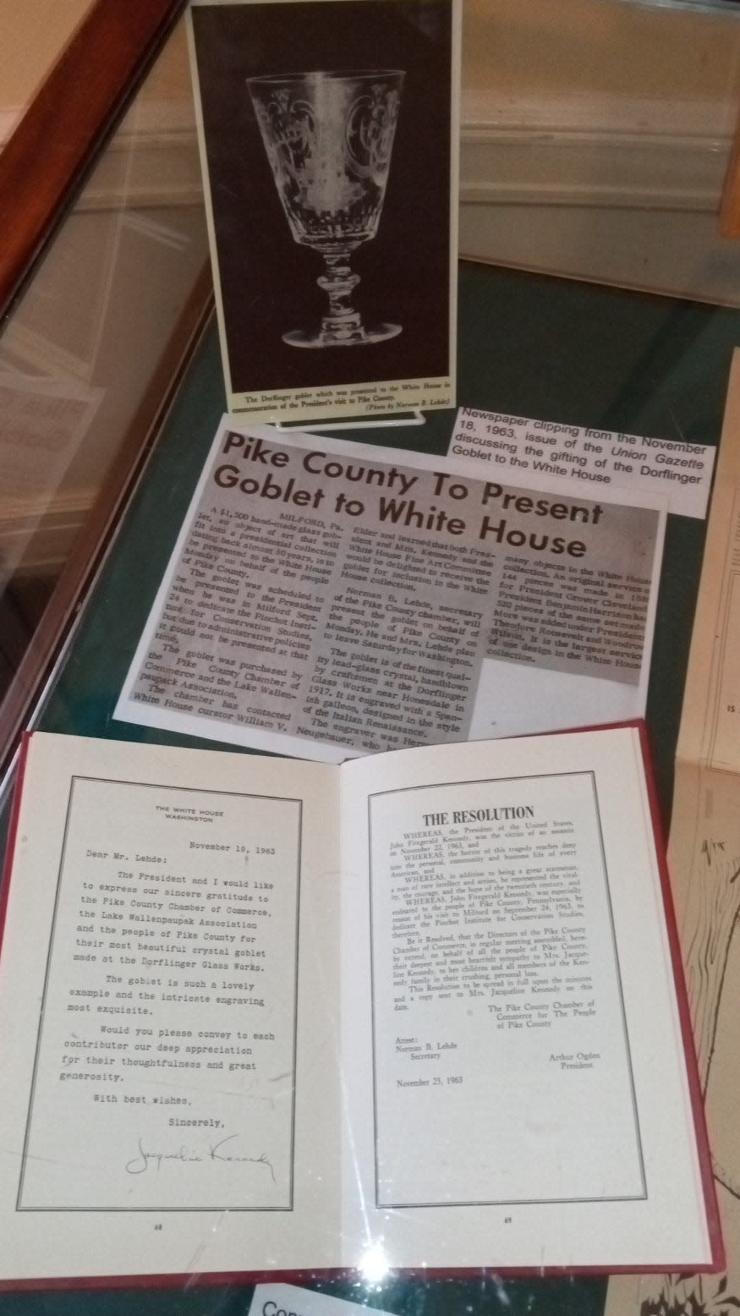 This display concerning the Dorflinger cut glass goblet presented to President and Mrs. John F. Kennedy after his appearance at Grey Towers in Milford in September 1963 is on view at Grey Towers National Historic Site as part of a small exhibit on JFK's visit there 60 years ago.