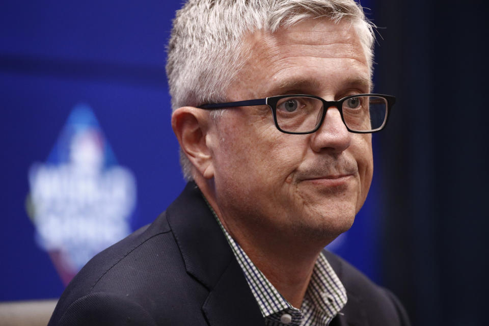 Houston Astros general manager Jeff Luhnow speaks at a news conference Thursday, Oct. 24, 2019, in Washington. The Astros and the Washington Nationals are scheduled to play Game 3 of baseball's World Series on Friday. (AP Photo/Patrick Semansky)