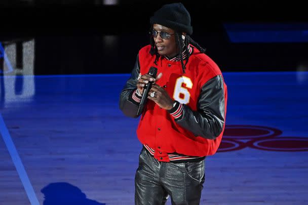PHOTO: Rapper Young Thug performs at halftime during the Boston Celtics v Atlanta Hawks game at State Farm Arena, Nov. 17, 2021, in Atlanta. (Paras Griffin/Getty Images)