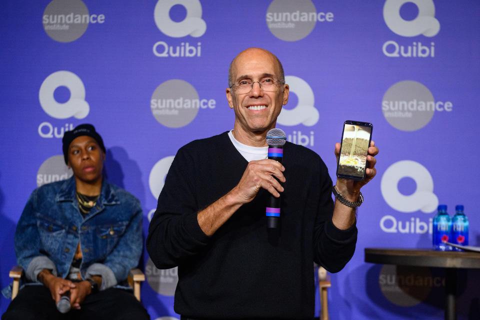 PARK CITY, UTAH - JANUARY 24: Jeffrey Katzenberg demonstrates Quibi's Turnstyle technology at Sundance 2020 on January 24, 2020 in Park City, Utah. (Photo by Daniel Boczarski/Getty Images for Quibi)