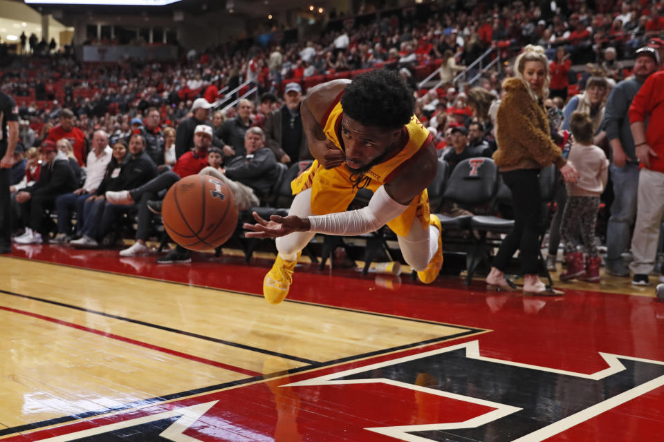 Iowa State's Tre Jackson (3) dives to keep the ball in bounds during the second half of an NCAA college basketball game against Texas Tech, Saturday, Jan. 18, 2020, in Lubbock, Texas. (AP Photo/Brad Tollefson)