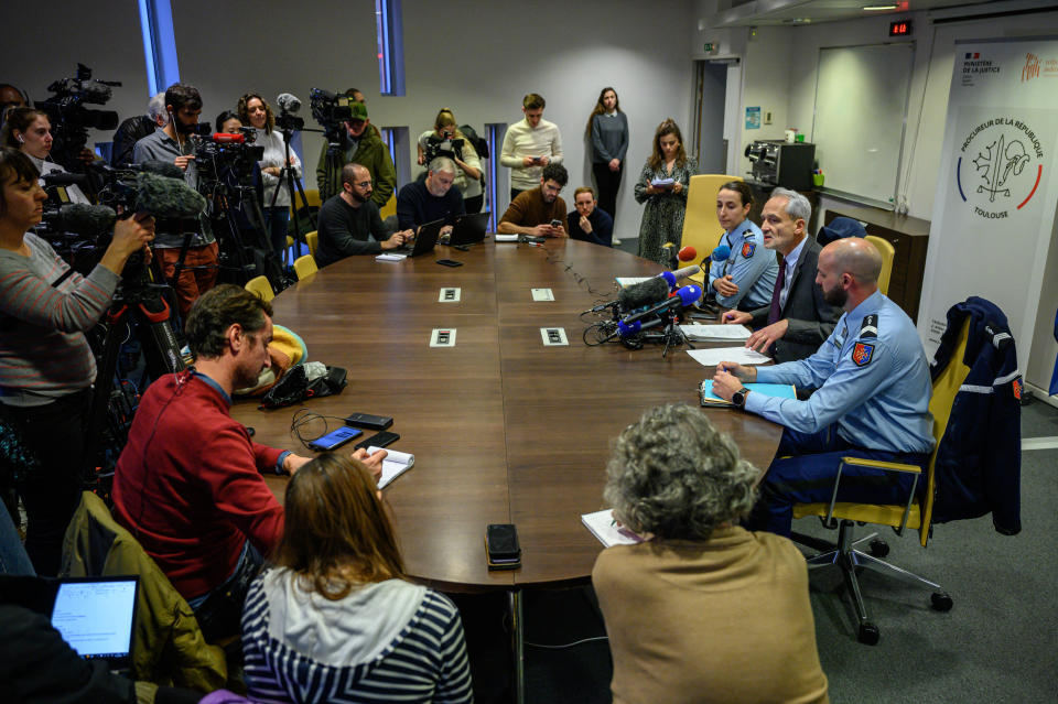 French Public prosecutor Antoine Leroy (2nd R) holds a press conference about missing British teen Alex Batty, at the Palais de Justice in Toulouse on Friday. (Getty)