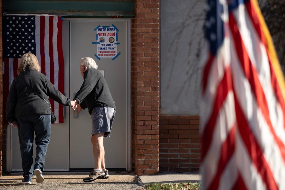 Mar 12, 2024; Wayne, NJ, USA; Voters enter a polling place at Ryerson School during voting on a referendum on a $169.8 million bond issue for improvements to all 15 schools in the Wayne K-12 district.