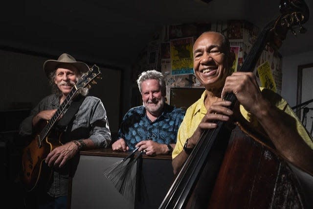 From left to right: Bruce Forman, Jeff Hamilton and John Clayton will reunite the historic instruments of their mentors Barney Kessel’s guitar, Shelly Manne’s drums and Ray Brown’s bass.