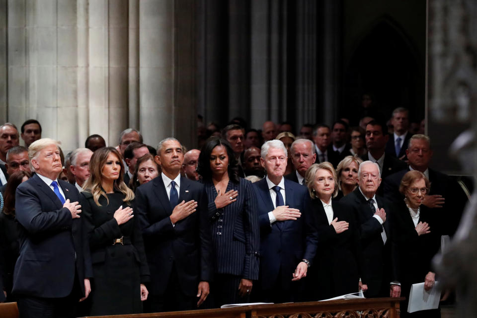 President Donald Trump, first lady Melania Trump, former President Barack Obama, former first lady Michelle Obama, former President Bill Clinton, former Secretary of State Hillary Clinton, former President Jimmy Carter and former first lady Rosalynn Carter participate in the State Funeral for former President George H.W. Bush, at the National Cathedral, Wednesday, Dec. 5, 2018 in Washington. (Photo: Alex Brandon/Pool via Reuters)