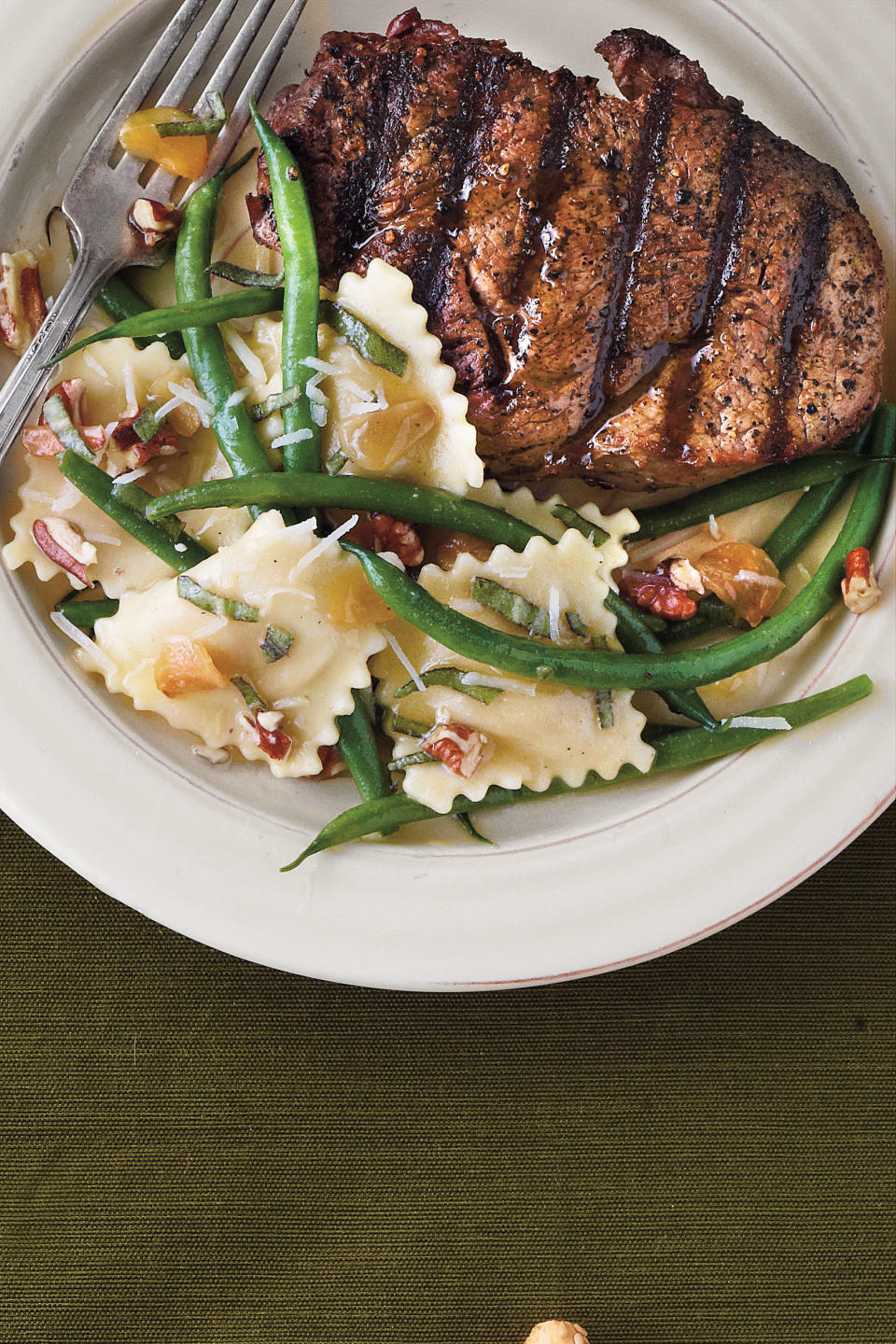 Grilled Fillets with Pecans and Green Bean Ravioli