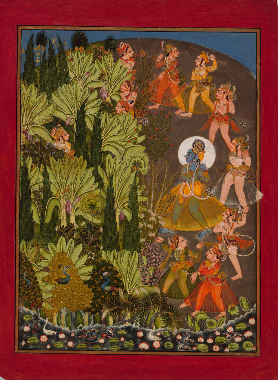 "A&nbsp;Krishna and the Gopas (Cow Herders) Enter the&nbsp;Forest,"<strong>&nbsp;</strong>Possibly by Kota Master.&nbsp;Rajasthan, kingdom of Kota, ca. 1720,&nbsp;Opaque watercolor and gold on paper; red border with&nbsp;black-lined gold inner rule; painting 10 1/2 x 7 3/4 in.&nbsp;Promised Gift of the Kronos Collections, 2015.