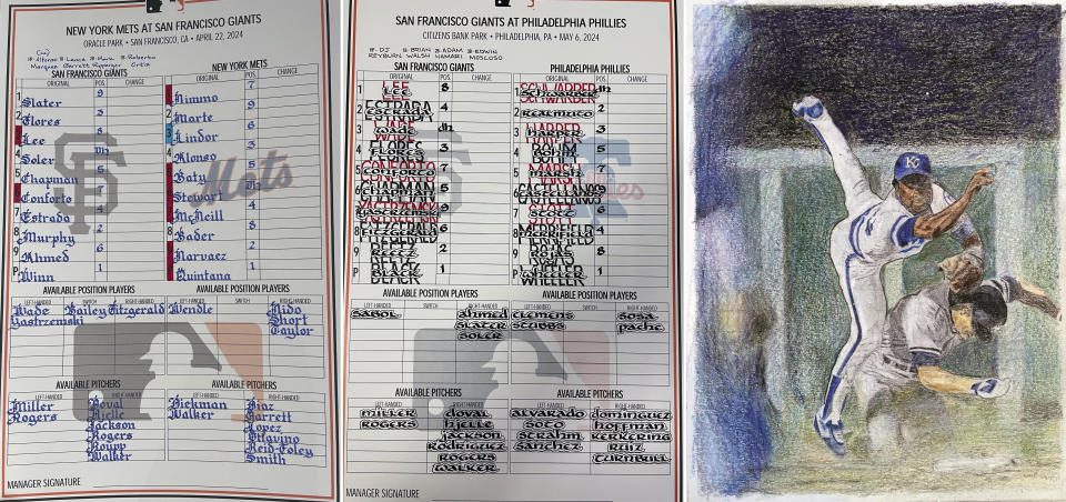 These images provided by San Francisco Giants baseball coach Ryan Christenson show lineup cards and a drawing showing Frank White turning a double play. "He's an artist," said New York Yankees star Juan Soto, who spent 1 1/2 years with Christenson in San Diego. (Ryan Christenson via AP)