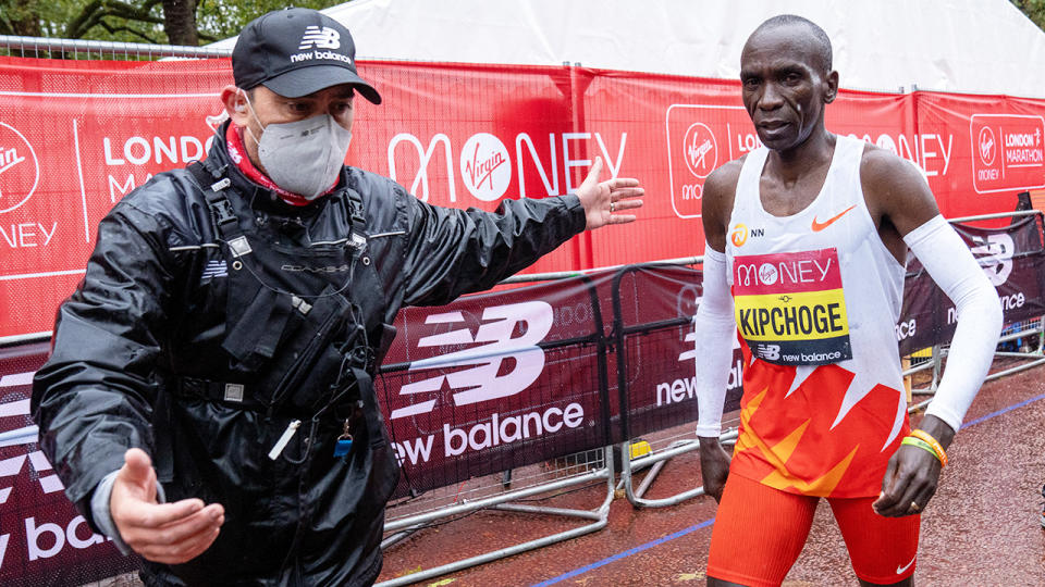 Eliud Kipchoge, pictured here after finishing the London Marathon in eighth place. 