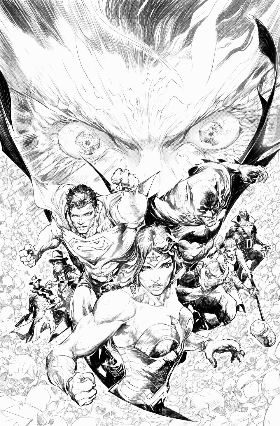 Black and white pencils of the main cover, featuring Batman, Superman and Wonder Woman.