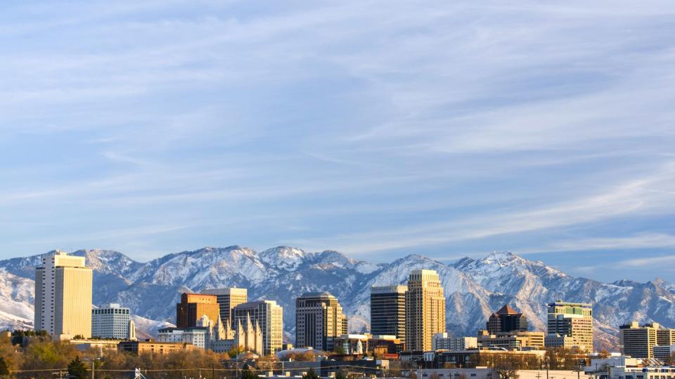 salt lake city with snow capped mountain