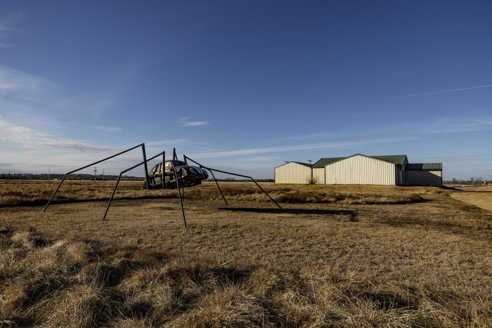 Image: One of three Twisted Roo medical cannabis grow facilities on Jan. 25, 2022 outside Lexington, Okla. The 5,200 square foot facility that used to be a church is next to a locally famous roadside attraction of a VW Beetle sculpture. (Brett Deering for NBC News)