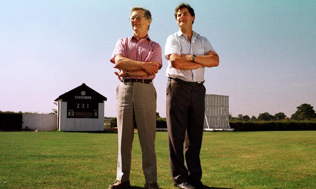 <span>Frank Duckworth, left, with his fellow mathematician Tony Lewis at Stone cricket ground in Gloucestershire, 1998. </span><span>Photograph: Philip Brown/Popperfoto/Getty Images</span>