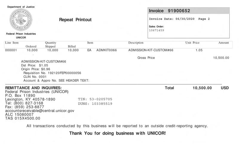 Invoice sent by Unicor to ICE for 10,000 admission kits