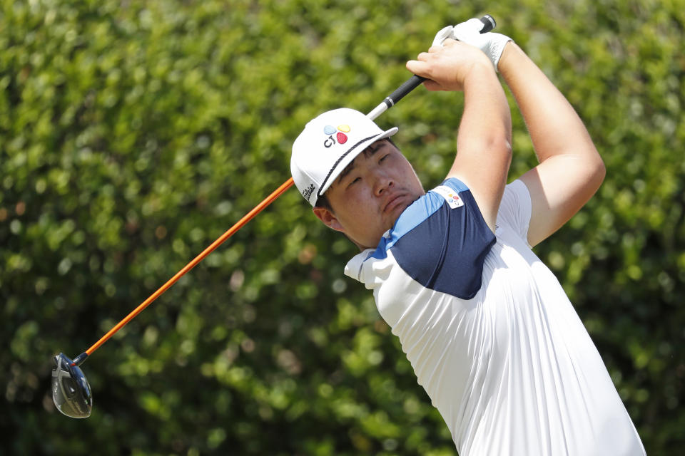 CORRECTS TO SUNGJAE IM NOT SUNGLAE IM - Sungjae Im, of South Korea, watches his drive from the first tee during the final round of the Sanderson Farms Championship golf tournament in Jackson, Miss., Sunday, Sept. 22, 2019. (AP Photo/Rogelio V. Solis) Sungjae