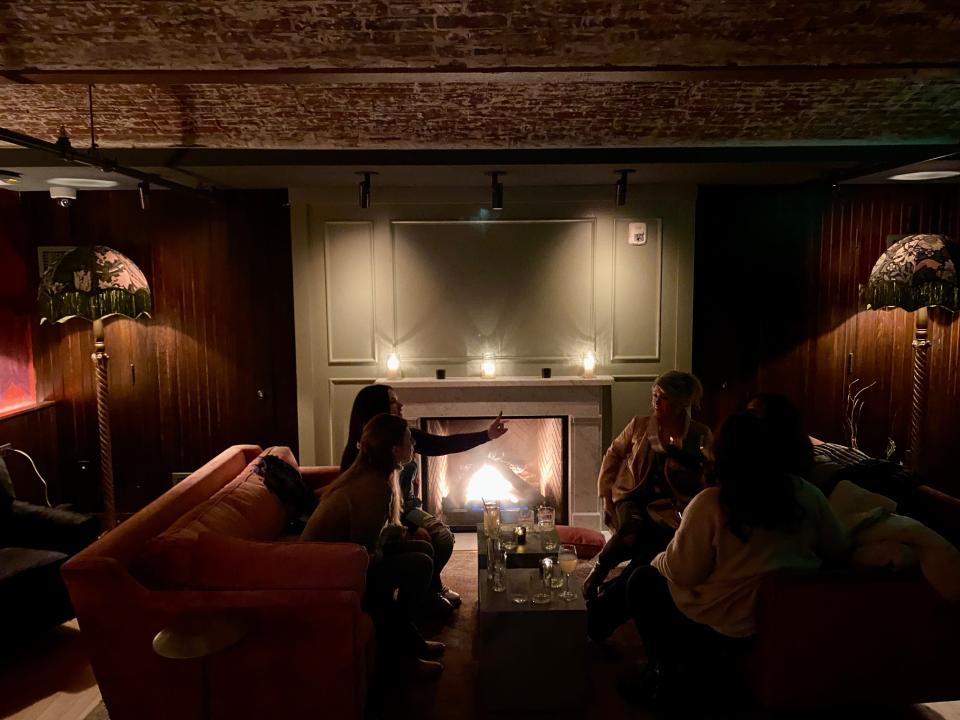 The fireplace at Simmer Down, the speakeasy in the basement of The Quoin Hotel in downtown Wilmington.