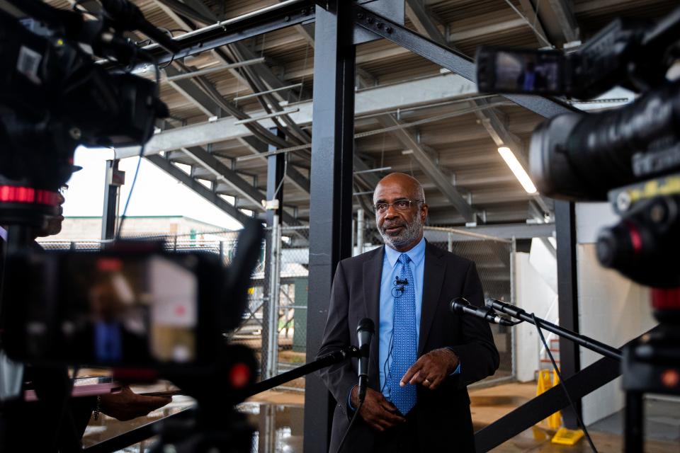 FAMU President Larry Robinson speaks to press outside the Galimore-Powell Field House on Tuesday, Aug. 30, 2022 in Tallahassee, Fla. after meeting with football players. 