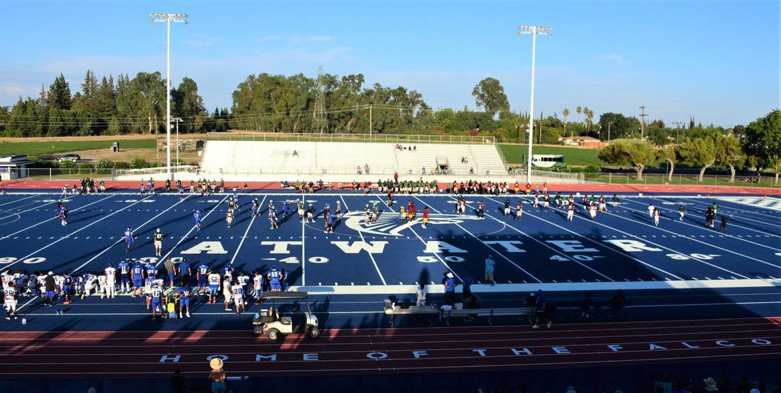 New artificial turfs were installed this year at Atwater and Golden Valley high school football stadiums. Atwater opted for a blue turf.