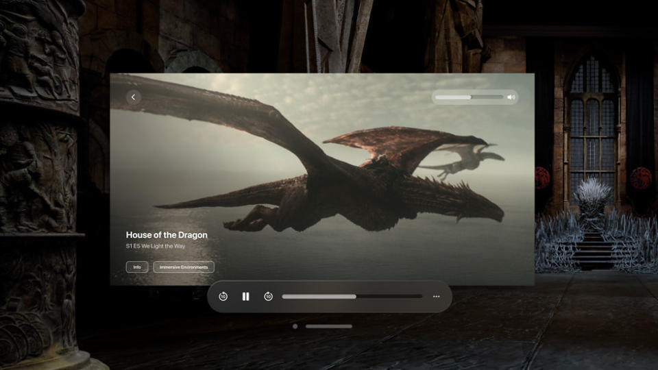 An image of the Max app on VisionOS.  A screen floats in the center showing the House of Dragons with the Iron Throne room in the background.