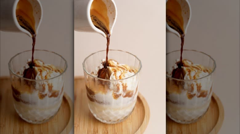 Chocolate affogato pouring into glass