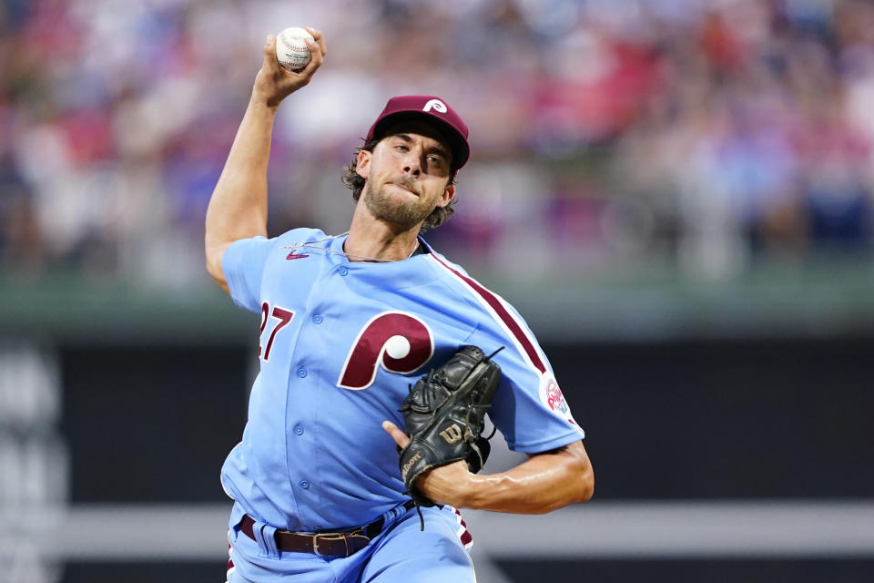 Philadelphia Phillies' Aaron Nola pitches during the second inning of a baseball game against the Cincinnati Reds, Thursday, Aug. 25, 2022, in Philadelphia. (AP Photo/Matt Slocum)