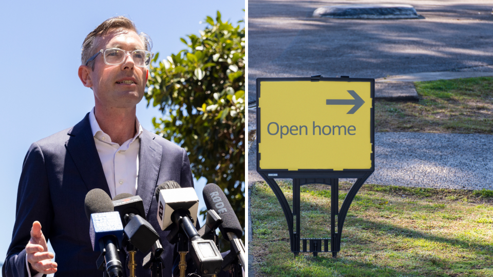 NSW Premier Dominic Perrottet, who has just announced stamp duty will be axed for first home buyers, and an open home sign.
