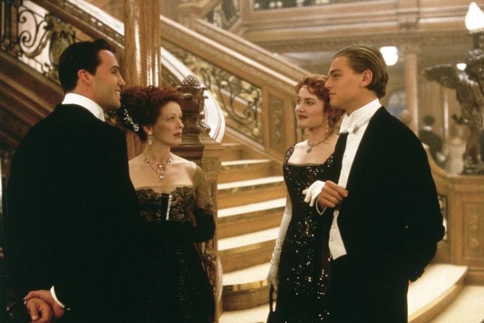 Leonardo DiCaprio, Kate Winslet, Billy Zane, and Frances Fisher in Titanic (1997) Paramount Pictures (courtesy)