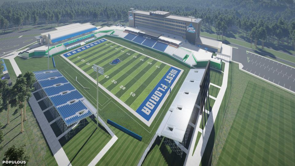 The University of West Florida football team is getting a new stadium thanks to a large donation from Debbie and Darrell Gooden. Here's a rendering of what the new football stadium is projected to look like.