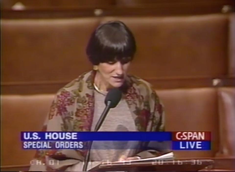 Rep. Rosa DeLauro speaks on the House floor against NAFTA in 1993. 