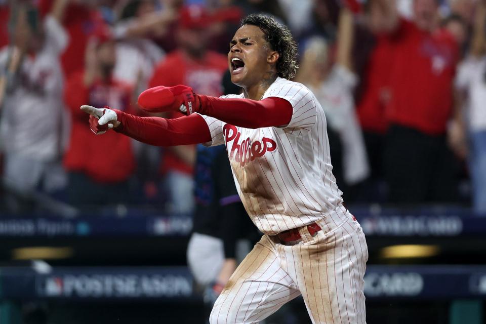 Game 2 at Philadelphia: Phillies left fielder Cristian Pache celebrates after scoring a run in the third inning.