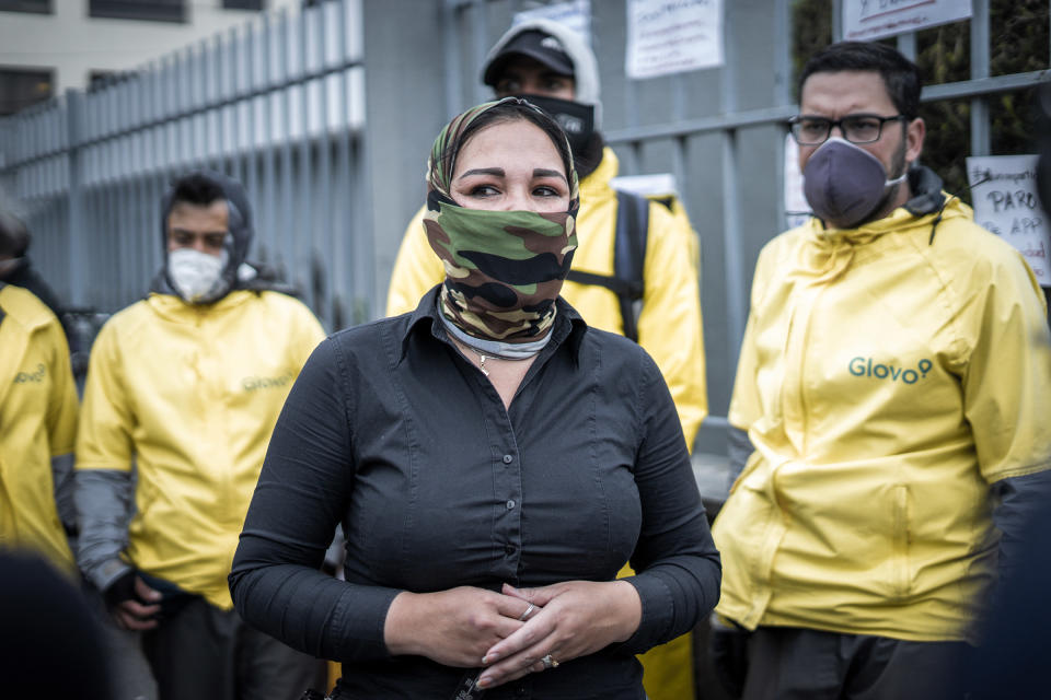 Yuly Ramírez, a mother and former lawyer from Venezuela, speaks during a global drivers protest last April in Quito, Ecuador. Ramírez has become an organizer and spokesperson demanding drivers' rights.<span class="copyright">Isadora Romero</span>