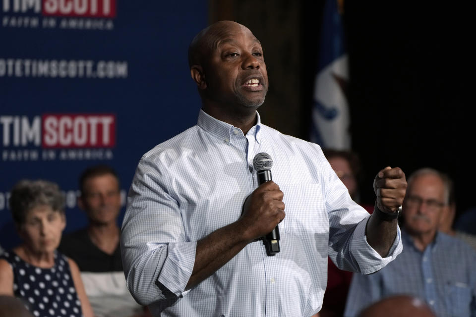 FILE - Republican presidential candidate Sen. Tim Scott, R-S.C., speaks during a town hall meeting, Wednesday, June 14, 2023, in Pella, Iowa. (AP Photo/Charlie Neibergall, File)