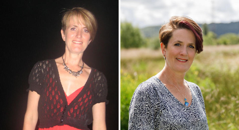 Claire Macklin, pictured soon after her divorce (left) and more recently. (Supplied)