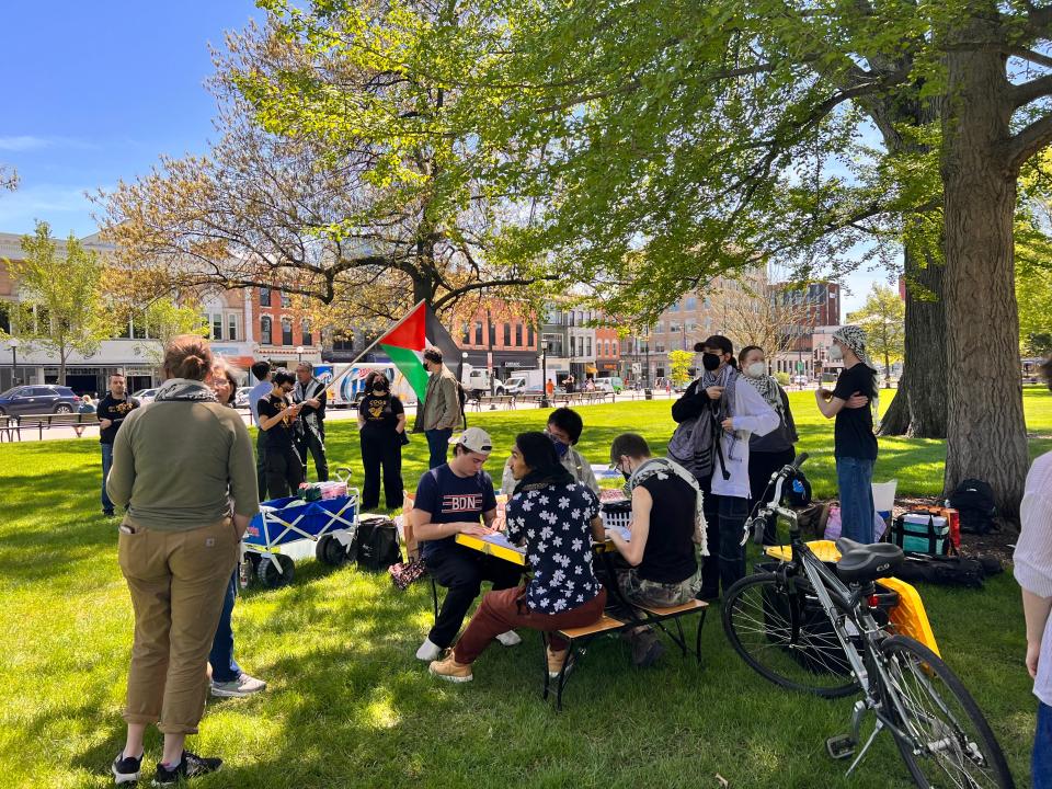 Iowa City Students for Justice in Palestine (SJP) is hosting a "People's University for Palestine" rally on the Pentacrest to "stand in solidarity with student encampments” calling for a cease-fire in the Israel-Hamas war. Students and community members began trickling in for the rally at noon.