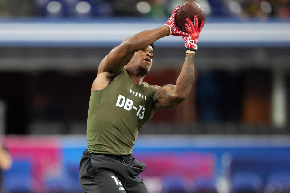 South Dakota defensive back Myles Harden works out during the 2024 NFL Combine, March 1, 2024, in Indianapolis.