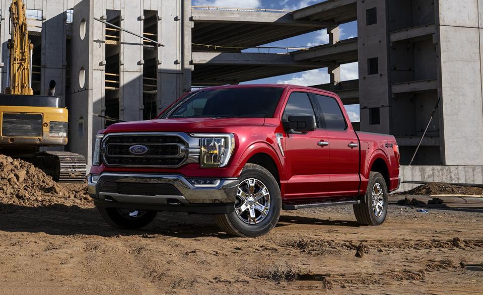 <p>F-series trucks have been the bestselling vehicle in the U.S. for 43 years straight, and the Ford F-150, now in its 14th generation, isn't getting left behind in the dust. Under its awning of powertrain options is a <a href="https://www.caranddriver.com/reviews/a34716469/2021-ford-f-150-hybrid-by-the-numbers/" rel="nofollow noopener" target="_blank" data-ylk="slk:PowerBoost 430-hp hybrid;elm:context_link;itc:0;sec:content-canvas" class="link ">PowerBoost 430-hp hybrid</a> that ups fuel economy by 20 percent with 30 more horsepower and 70 pound-feet of extra torque over the normal twin-turbo 3.5-liter V-6. It can tow up to 12,700 pounds in this configuration. An optional <a href="https://www.caranddriver.com/features/a32984573/2021-f-150-data-connectivity/" rel="nofollow noopener" target="_blank" data-ylk="slk:Work Surface;elm:context_link;itc:0;sec:content-canvas" class="link ">Work Surface</a> allows you to transform the front row into a work table. New variable-assist steering, standard on the King Ranch trim and above, is tight and direct, and even on lower trims the ride is quiet and composed. For a more Raptor-leaning F-150, the <a href="https://www.caranddriver.com/reviews/a37984068/2021-ford-f-150-tremor-drive/" rel="nofollow noopener" target="_blank" data-ylk="slk:Tremor;elm:context_link;itc:0;sec:content-canvas" class="link ">Tremor</a> has off-road focus in a less aggressive package.</p><ul><li>Base price: $30,985</li><li>Powertrain: 290-hp 3.3-liter V-6, 400-hp 5.0-liter V-8, 325-hp twin-turbocharged 2.7-liter V-6, 400-hp twin-turbocharged 3.5-liter V-6, 250-hp 3.0-liter turbodiesel V-6, 400-hp twin-turbocharged and intercooled DOHC 24-valve 3.5-liter V-6; permanent-magnet synchronous AC motor, 47 hp; combined output, 430 hp, 570 lb-ft; 10-speed automatic transmission</li><li>Max Towing: 14,000 lb</li></ul>