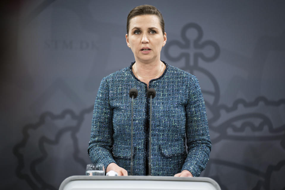 Danish Prime Minister Mette Frederiksen speaks to the media during a press conference in Copenhagen, Sunday March 6, 2022. (Emil Helms/Ritzau Scanpix via AP)