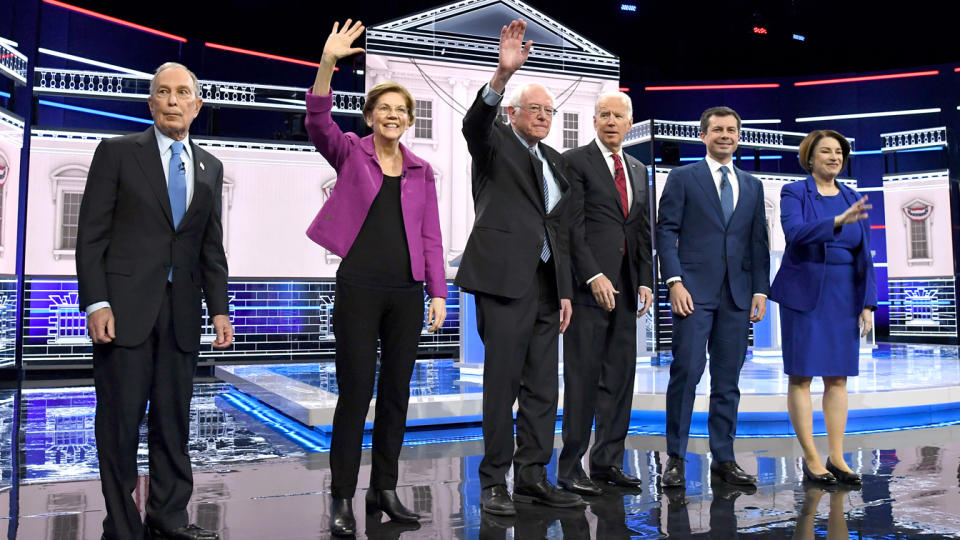 Democratic presidential candidates (L-R) former New York City Mayor Mike Bloomberg, Sen. Elizabeth Warren (D-MA), Sen. Bernie Sanders (I-VT), former Vice President Joe Biden, former South Bend, Indiana Mayor Pete Buttigieg and Sen. Amy Klobuchar (D-MN) stand onstage at the start of the Democratic presidential primary debate at Paris Las Vegas on February 19, 2020 in Las Vegas, Nevada.  (Ethan Miller/Getty Images)