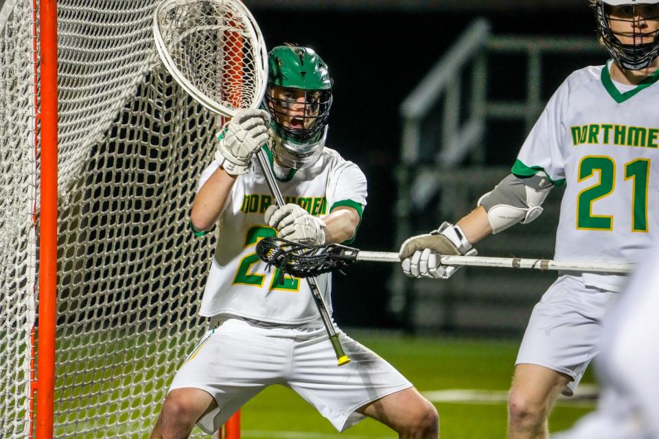 North Smithfield goalkeeper Karter Chartier under pressure in final minutes of the Northmen's championship win over Lincoln in Division IV boys lacrosse on Saturday. 6-1-24.