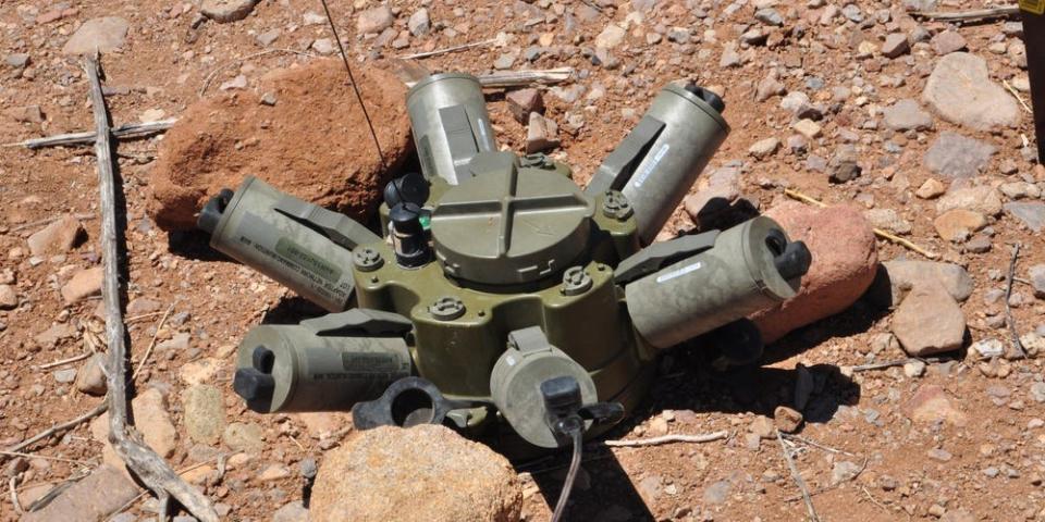 An XM-7 Spider Networked Munition with attached claymores in White Sands Missile Range, N.M., June 14, 2011.