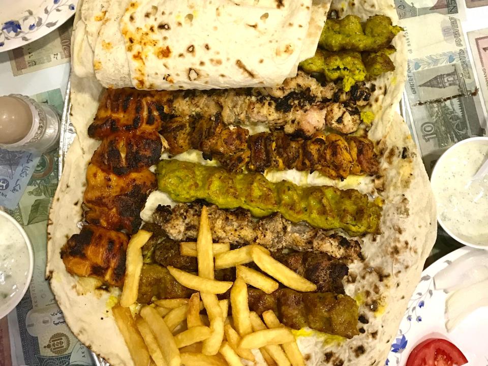 plate of kebabs and flatbread at Al Ustad Special Kebab in Dubai