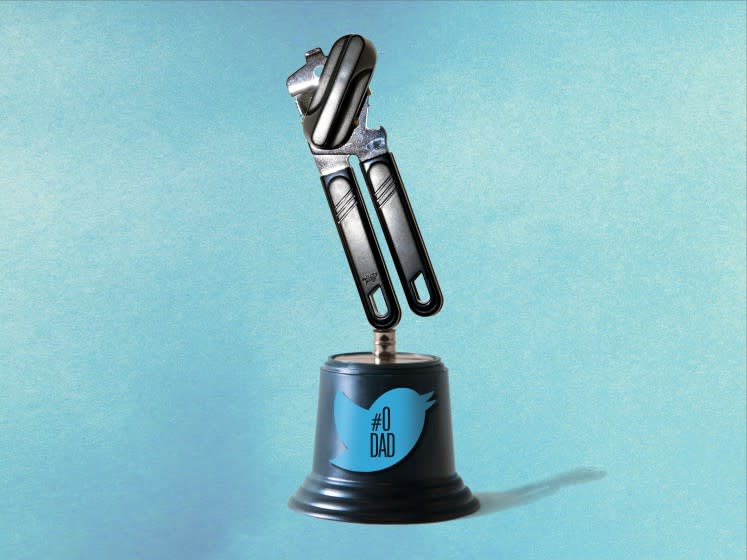 Photo illustration of a trophy that has a can opener on top and a Twitter bird plaque on the base with the words "#0 DAD"