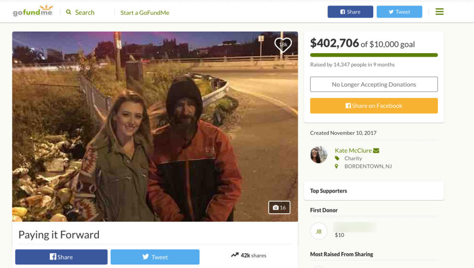 Kate’s GoFundMe campaign went viral after she shared her story of Johnny selflessly giving her his last $20. Photo: GoFundMe