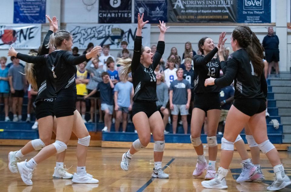 The Raiders celebrate a point during the Navarre vs Gulf Breeze volleyball match at Gulf Breeze High School on Thursday, Sept. 28, 2023.