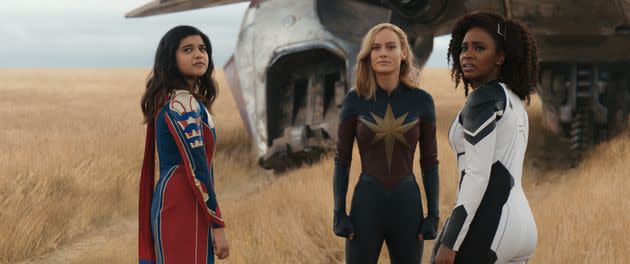 Iman Vellani as Ms. Marvel/Kamala Khan (left), Brie Larson as Captain Marvel/Carol Danvers and Teyonah Parris as Captain Monica Rambeau in Marvel Studios' 