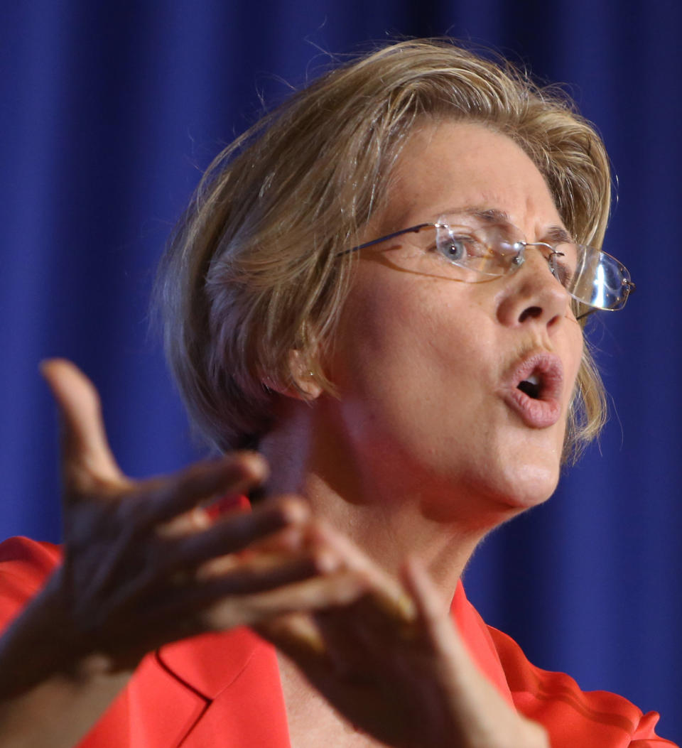 Massachusetts Senate candidate Elizabeth Warren, a Democrat, speaks during a campaign rally, Saturday, Sept. 15, 2012, at Boston University in Boston. (AP Photo/Bizuayehu Tesfaye)