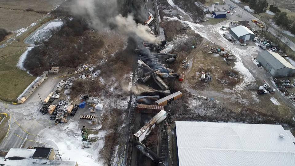 The aftermath of the freight train derailment in East Palestine, Ohio, on Feb. 6, 2023, in this screengrab obtained from a handout video released by the NTSB. / Credit: NTSBGov / Handout via REUTERS