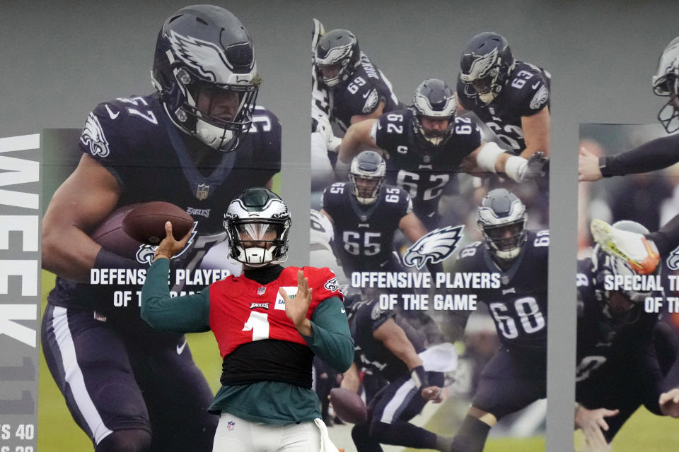 Philadelphia Eagles' Jalen Hurts throws a pass during practice at the NFL football team's training facility, Friday, Feb. 3, 2023, in Philadelphia. The Eagles are scheduled to play the Kansas City Chiefs in Super Bowl LVII on Sunday, Feb. 12, 2023. (AP Photo/Matt Slocum)