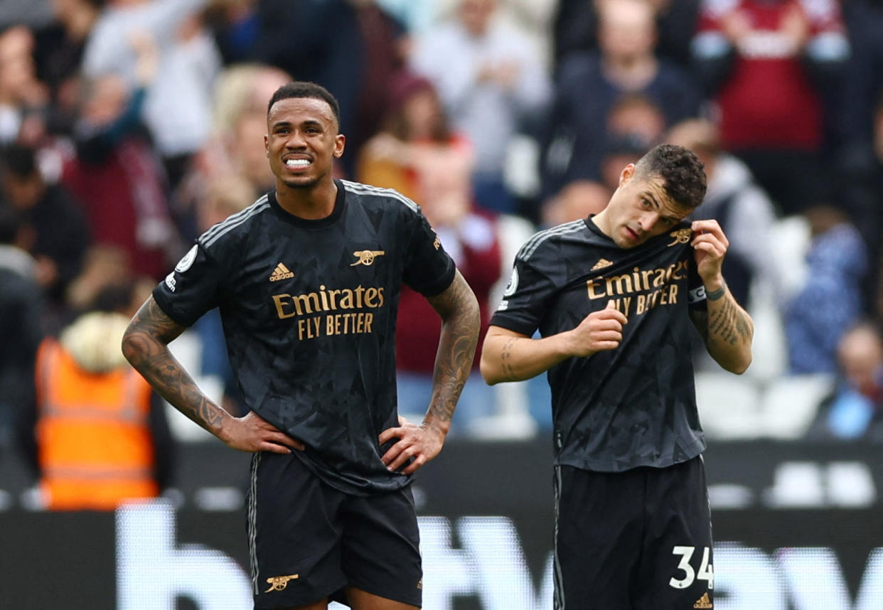 Arsenal's Gabriel and Granit Xhaka look dejected after their 2-2 draw against West Ham in the English Premier League.